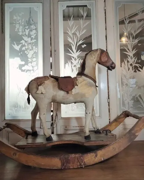 19th-Century Rocking Horse with Leather Saddle
