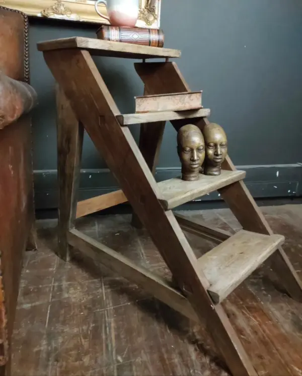 Rustic Wooden Ladder & Bronze Mali Tribal Heads
