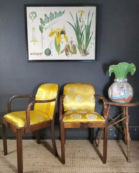 Yellow Satin Covered Chairs  &  Pair Late 20th-C Chinese Famille Rose Vases