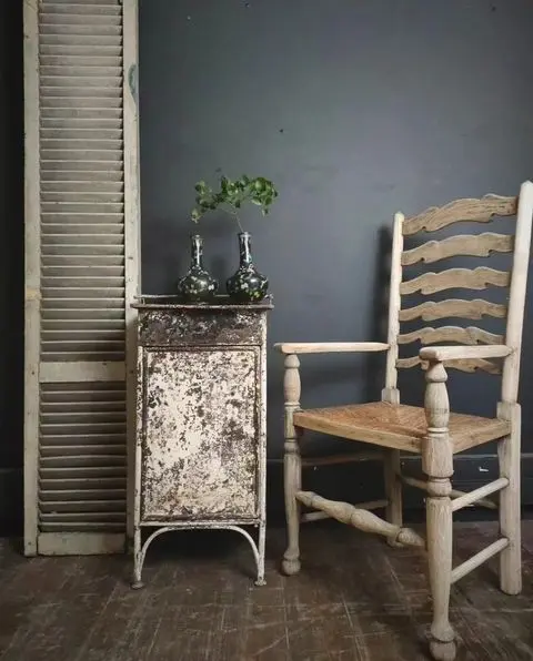 Metal Bedside Cabinet, Antique Oak Chair & Cloisonne’ Vases