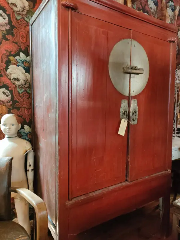 Chinese Red Lacquer Marriage Cupboard