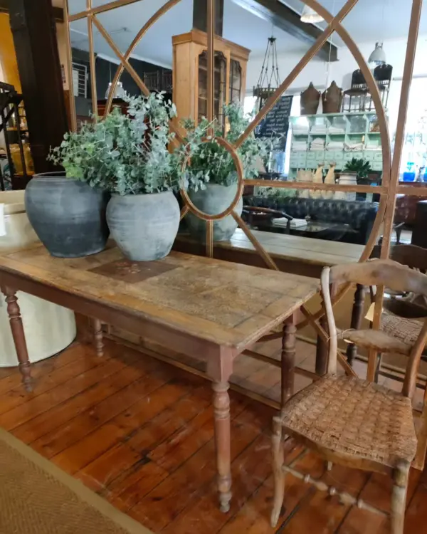 Naturally Aged, Painted French Table and Vintage Woven Seat Chair