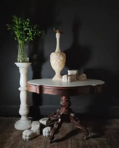 Round Marble-Top Table, Column and Carved Marble Table Lamp