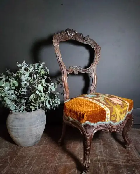 Carved Rococo-Style Chair with Fabric Covered Seat