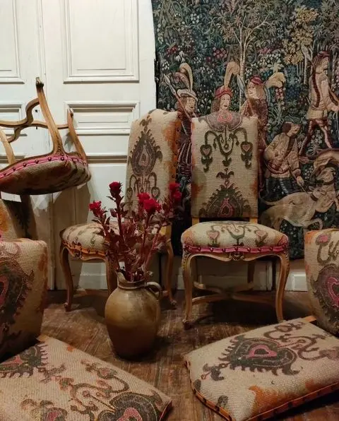 Set of Dining Chairs with Hand-Embroidered, Hand-Painted Fabric
