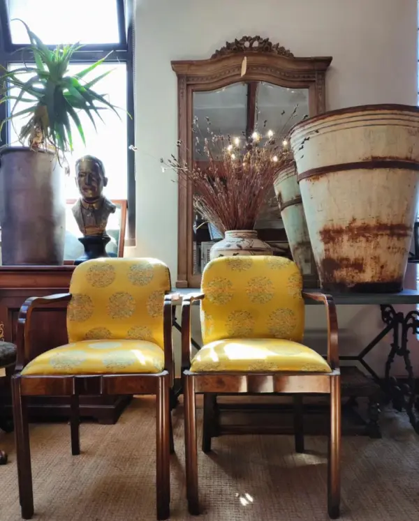 Pair of Chairs Upholstered in Yellow Silk with Oriental design
