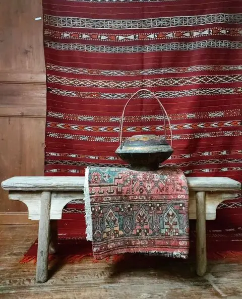 Kelim Carpets, Vintage Bench and Chinese Wedding Basket