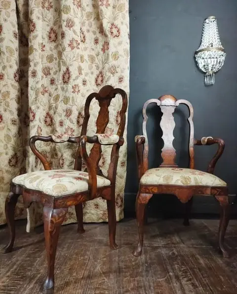 18th Century Dutch Walnut and Marquetry Decorated Carver Chairs