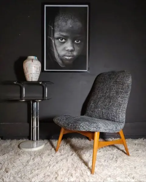 Mid-Century Chair and 70’s Chrome, Smoked Glass and Marble Base Stand
