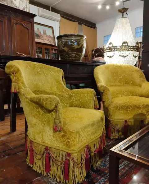 French Yellow Upholstered Armchairs