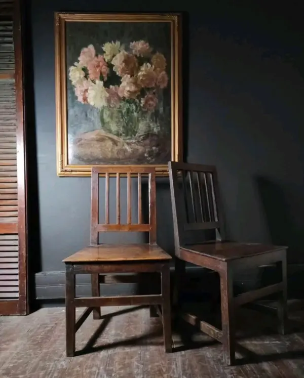 19th Century Oak Country Rail-Back Dining Chairs & Oil Painting