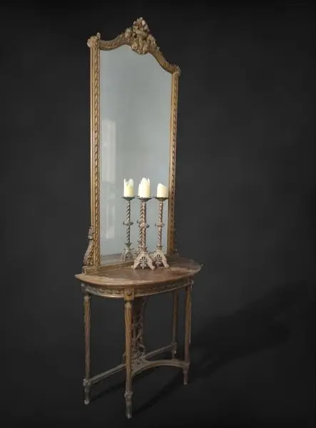 Louis XVI Gilded Wood Carved Mirror and Marble Top Console