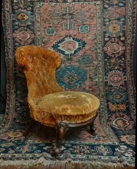 Kelim Rug and Victorian Velvet Upholstered Nursing Chair