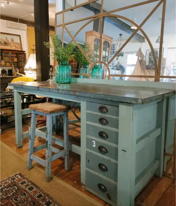 Industrial Workbench with Metal Top and Six Drawers