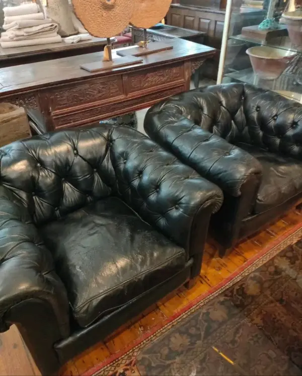 Pair of Black Leather Chesterfield Armchairs