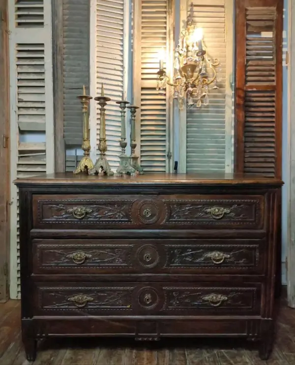 French Antique Hand-Carved Oak Chest of Drawers