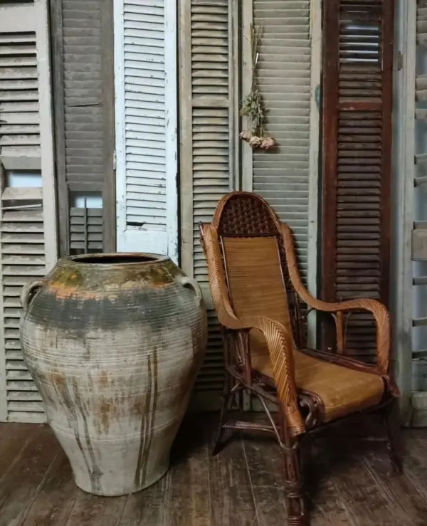 Large Spanish Ceramic Pot and Woven Cane Chair