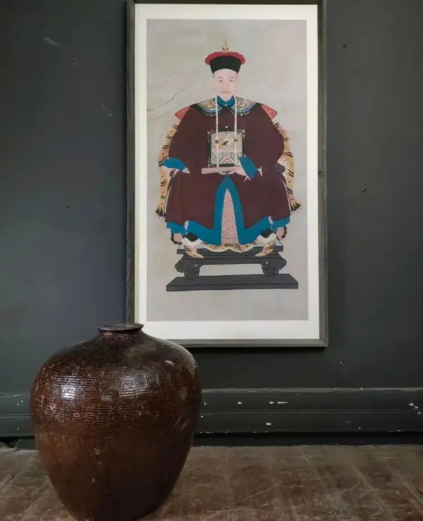 Large Framed Painted Chinese Ancestral Scroll and Ceramic Pot