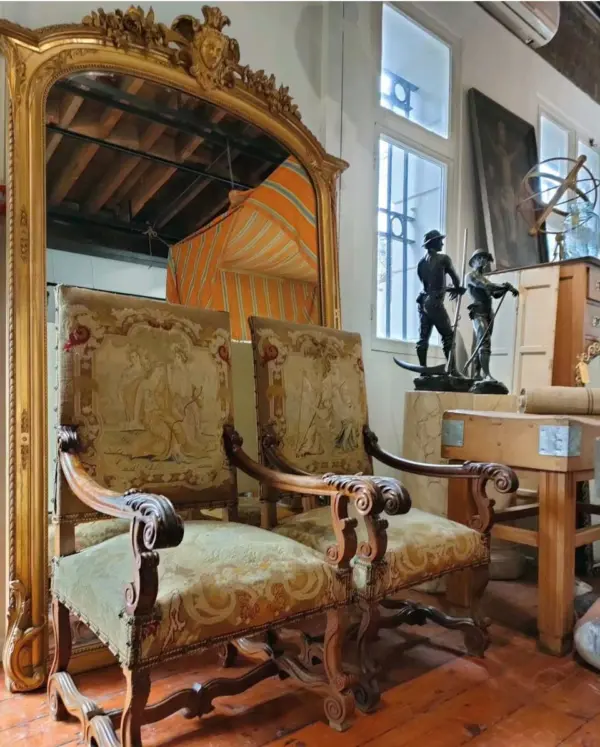 French Louis XIV Os de Mouton Chairs in Old Tapestry Fabric