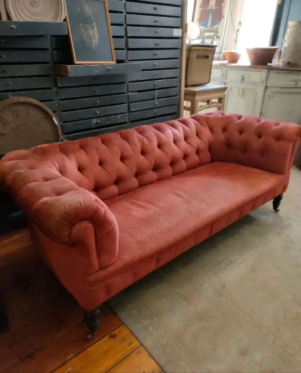 Antique Chesterfield in a Deep Salmon Fabric