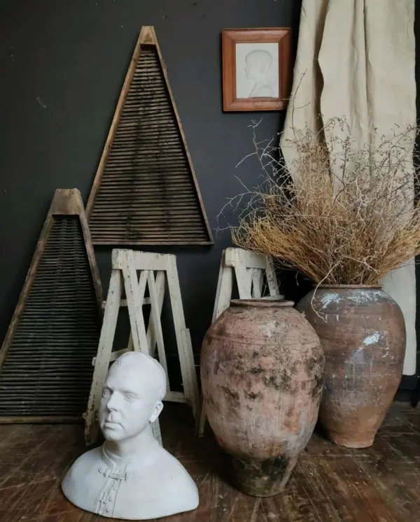 French Ceramic Pots, Fruit Drying Baskets and Trestle Legs