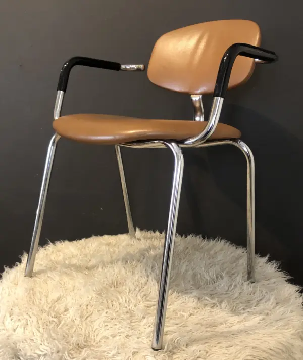 Pair Vintage French Strafor Chrome & Vinyl Armchairs