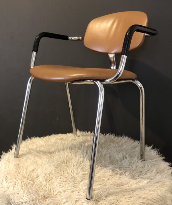 Pair Vintage French Strafor Chrome & Vinyl Armchairs