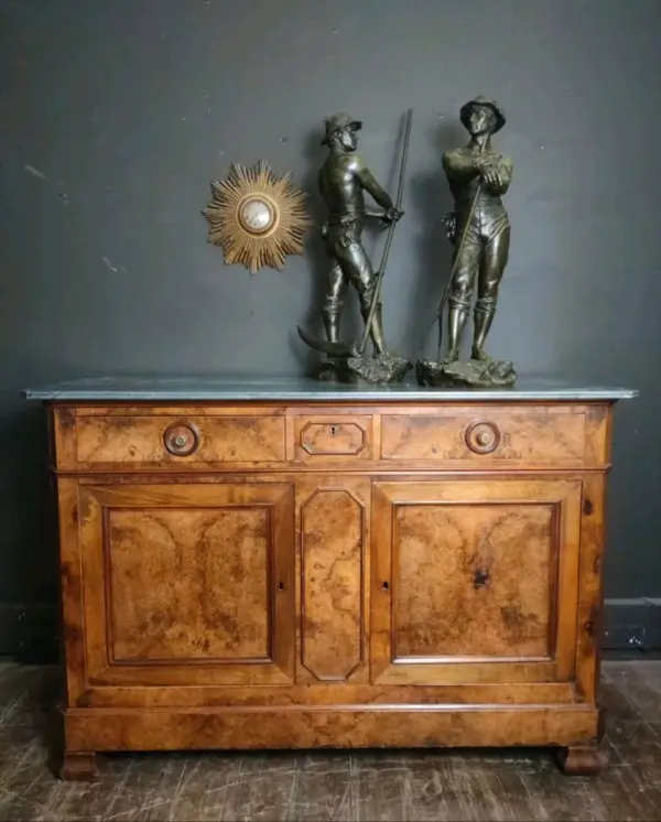 French Burr Walnut Buffet with Marble Top