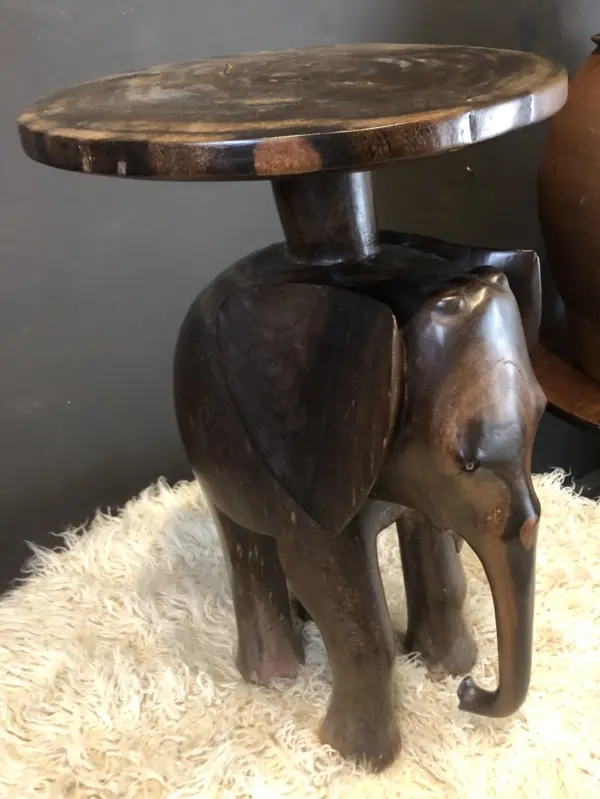 Carved Wooden African Elephant with Marble Top