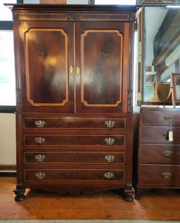 George III Mahogany and Banded Wood Linen Press