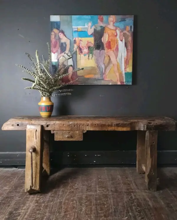 Large French Wooden Workbench with Small Drawer