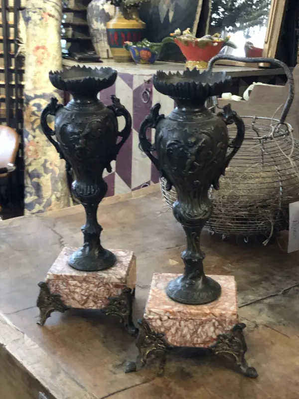 Pair of Marble and Cast Metal Chandelier Candle Holders