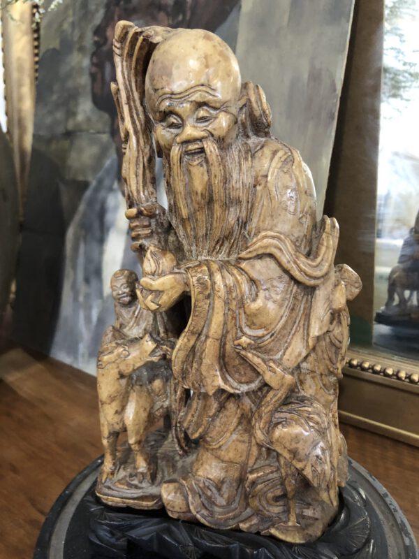 Oriental Soap Stone Carved Figure Under Glass Dome