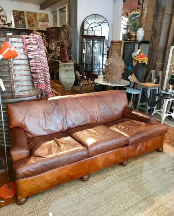 Patinated 3-Seater Chestnut Brown Leather Sofa