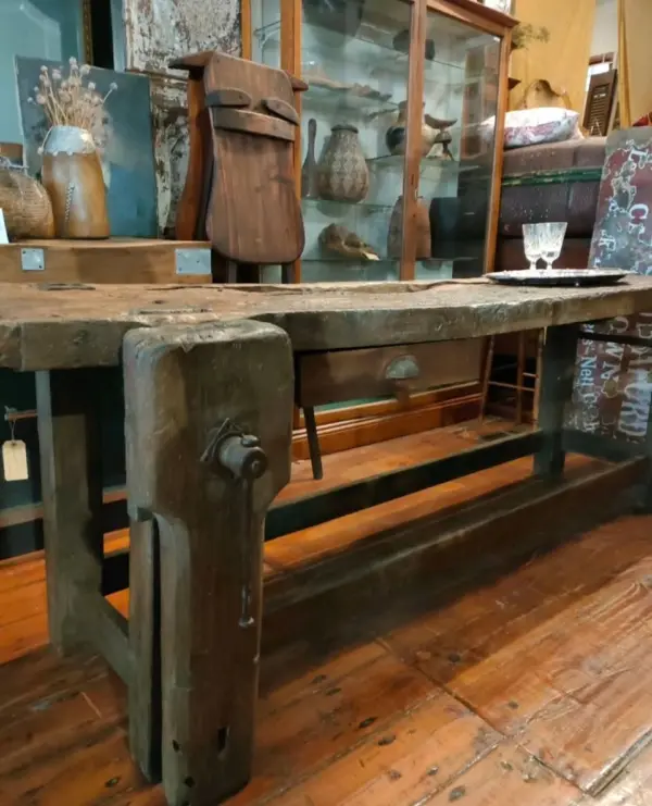 Solid Wood Work Bench with Original Metal Detailing
