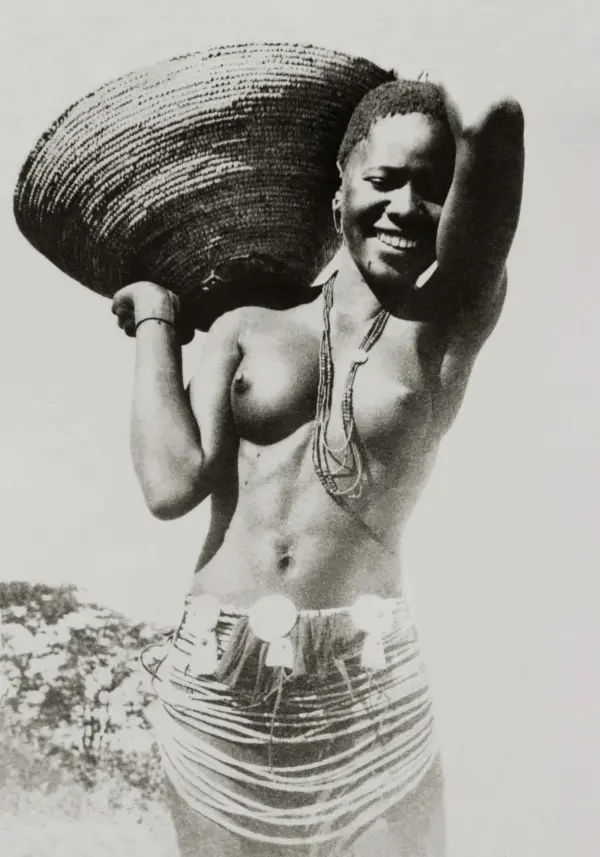 Reproduction Print – Large Scale Black & White Photo of African Woman with Basket