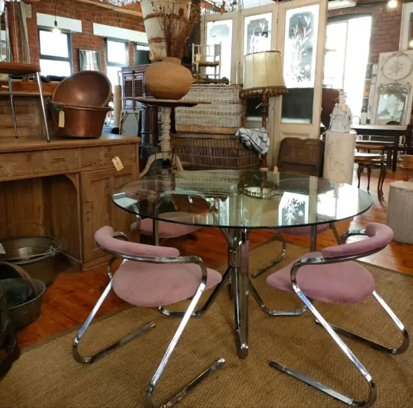 1970’s Alberto Bazzani Style Square Tubing Glass Table and Chairs