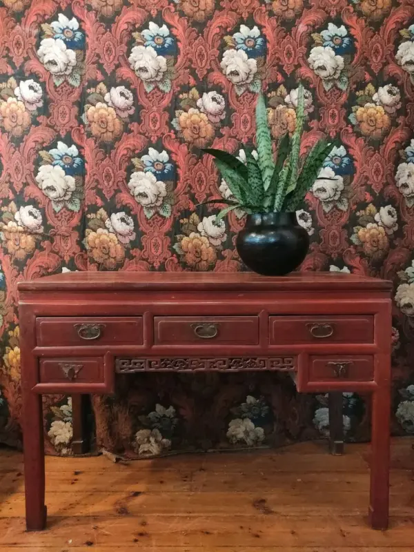 Red Chinese Table with 5 Drawers