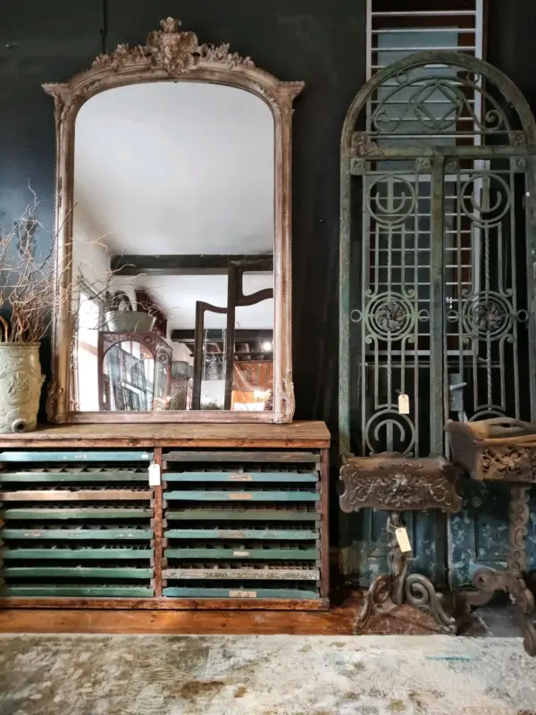 Vintage Printers Cabinet, Wrought Iron and French-Style Mirror