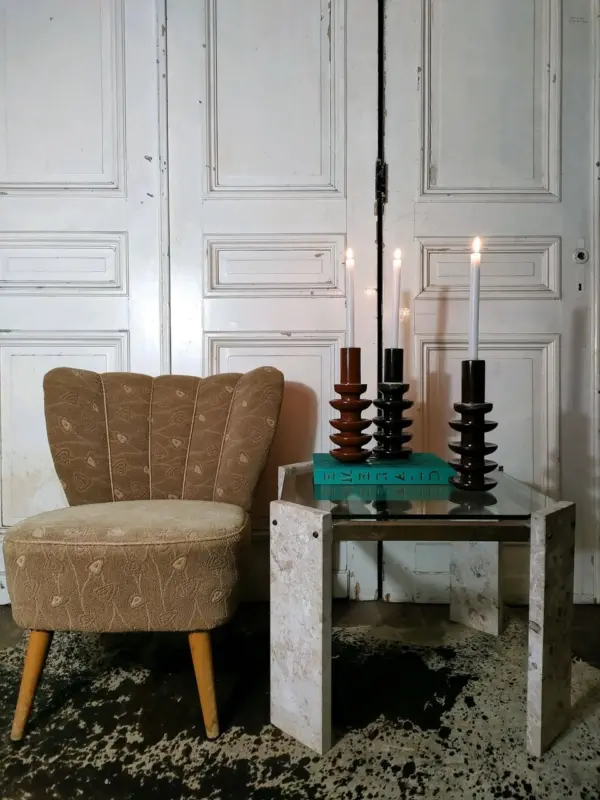 Vintage Cocktail Chair and Brass Glass Travertine Side Table