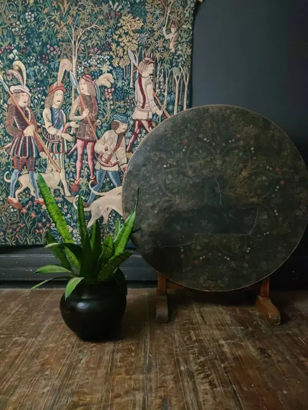 19th C French Tilt-Top Wine Table and Vintage Hunt of the Unicorn Tapestry