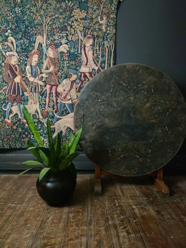 19th C French Tilt-Top Wine Table and Vintage Hunt of the Unicorn Tapestry
