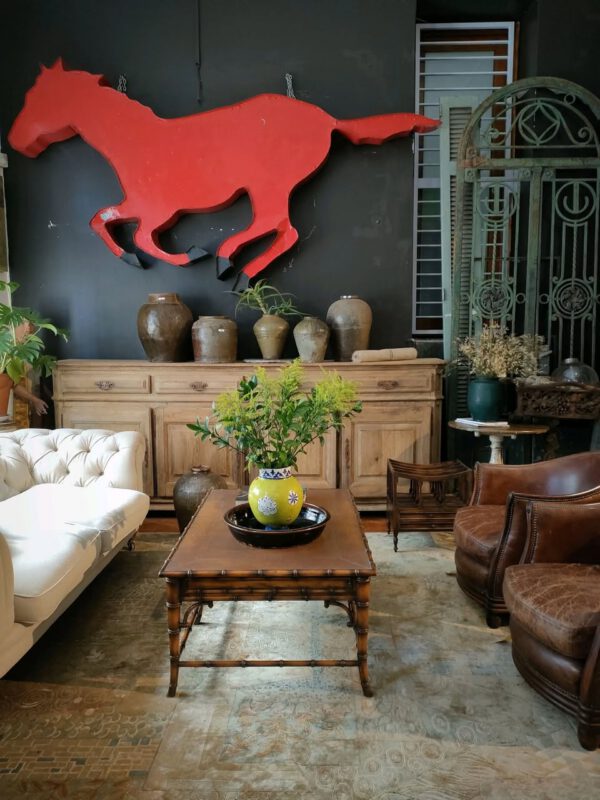 Red Horse Blonde Server White Sofa