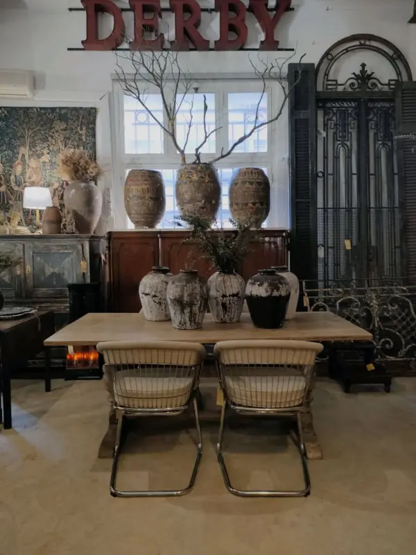 Oak Table Argentinian Chairs and Vintage Chinese Clay Pots