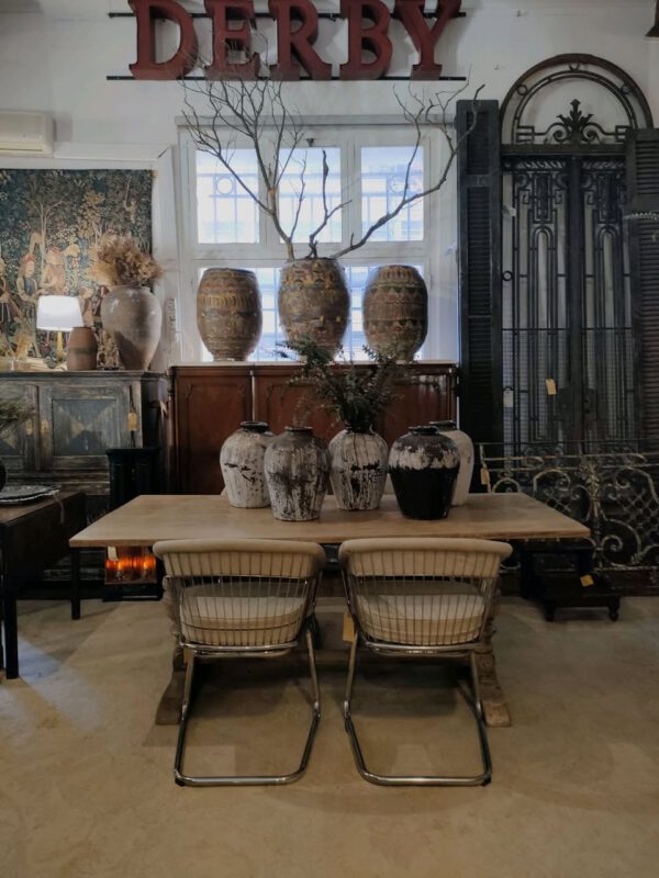 Oak Table Argentinian Chairs and Vintage Chinese Clay Pots