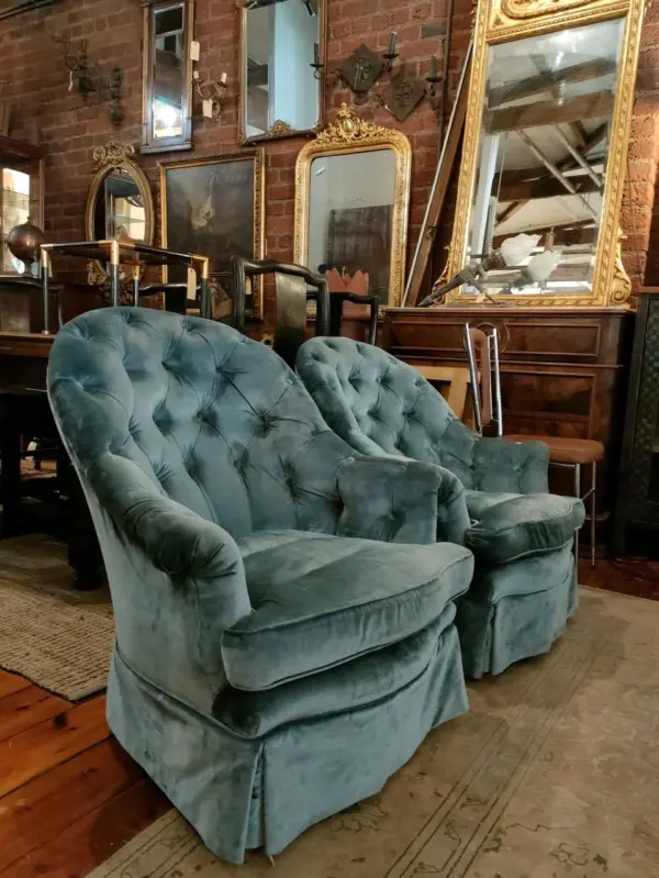 Pair of Blue Velvet Upholstered Boudoir Chairs