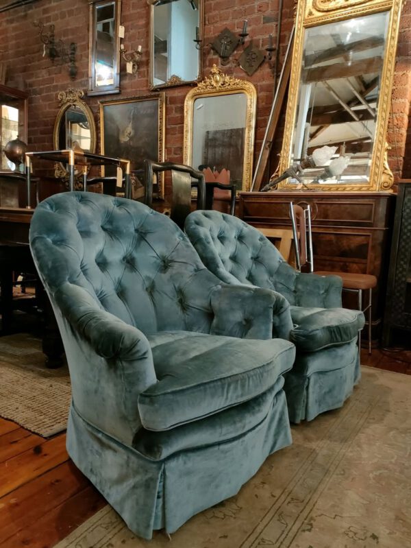 Pair of Blue Velvet Upholstered Boudoir Chairs