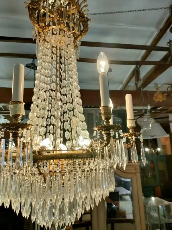 8-Arm French Empire-Style Brass and Crystal Chandelier