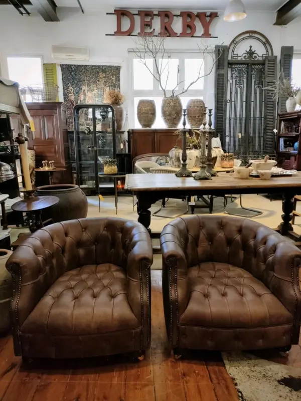 Pair Deep Buttoned Leather Club Chairs