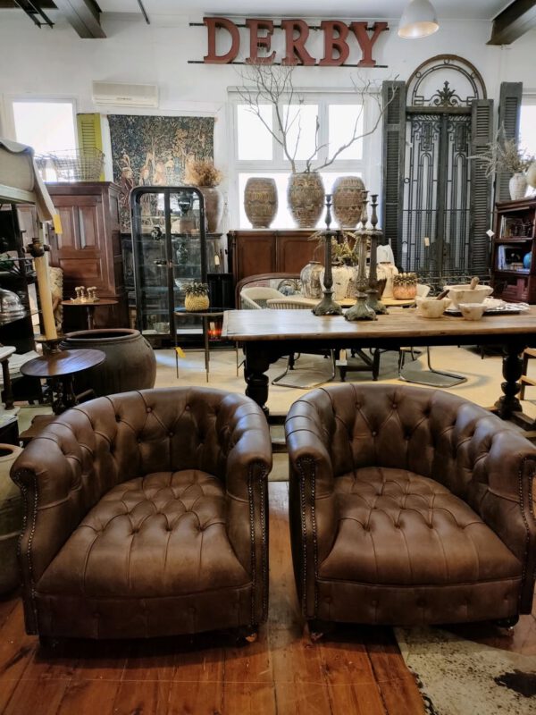 Pair Deep Buttoned Leather Club Chairs